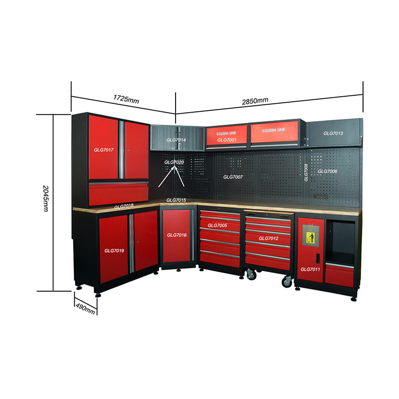 GLG7000C Banco de trabajo modular de acero para almacenamiento en garaje con gabinete de herramientas de esquina y caja de herramientas de metal rojo