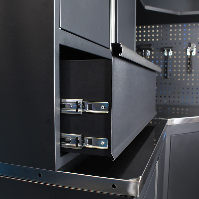 GLG7000C Banco de trabajo modular de acero para almacenamiento en garaje con gabinete de herramientas de esquina y caja de herramientas de metal rojo