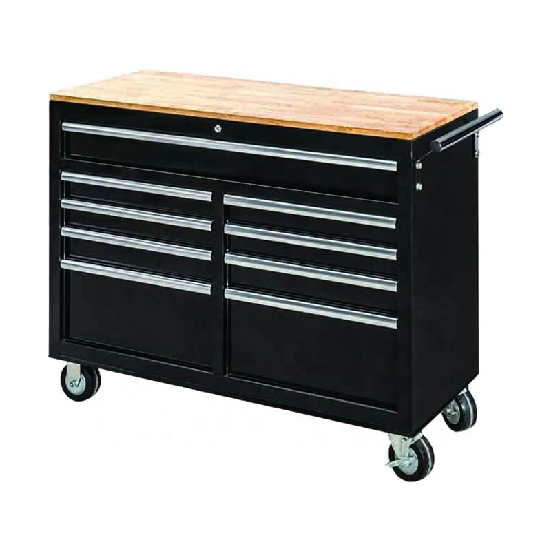 GL4009 Banco de trabajo de gabinete con ruedas para almacenamiento de herramientas de metal negro con 9 cajones de 46 pulgadas