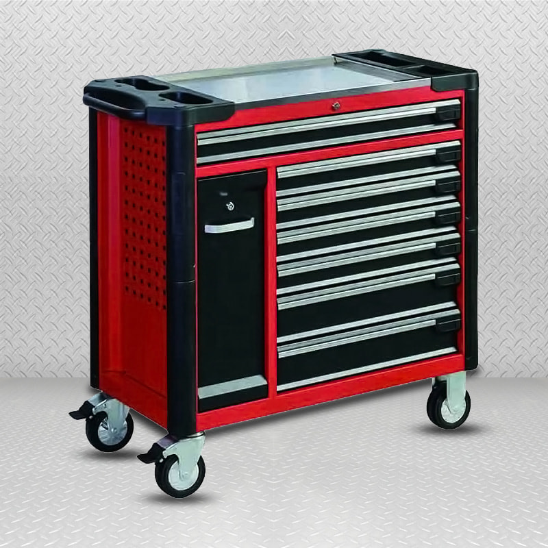 GL3407L-D Gabinete con ruedas profesional con tapa de trabajo de acero inoxidable y placa colgante extraíble