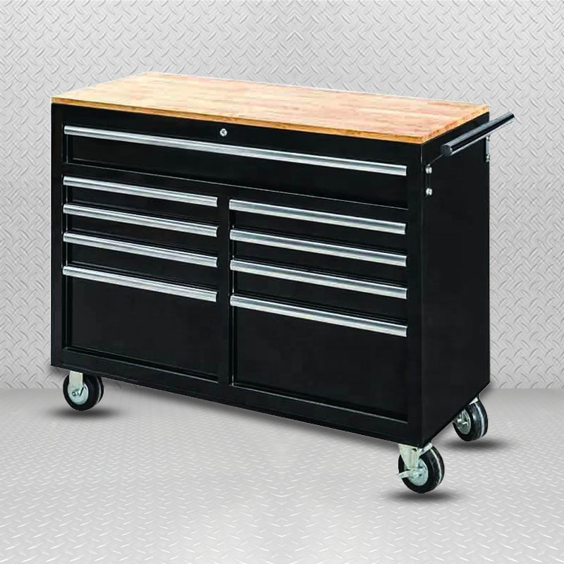 GL4009 Banco de trabajo de gabinete con ruedas para almacenamiento de herramientas de metal negro con 9 cajones de 46 pulgadas