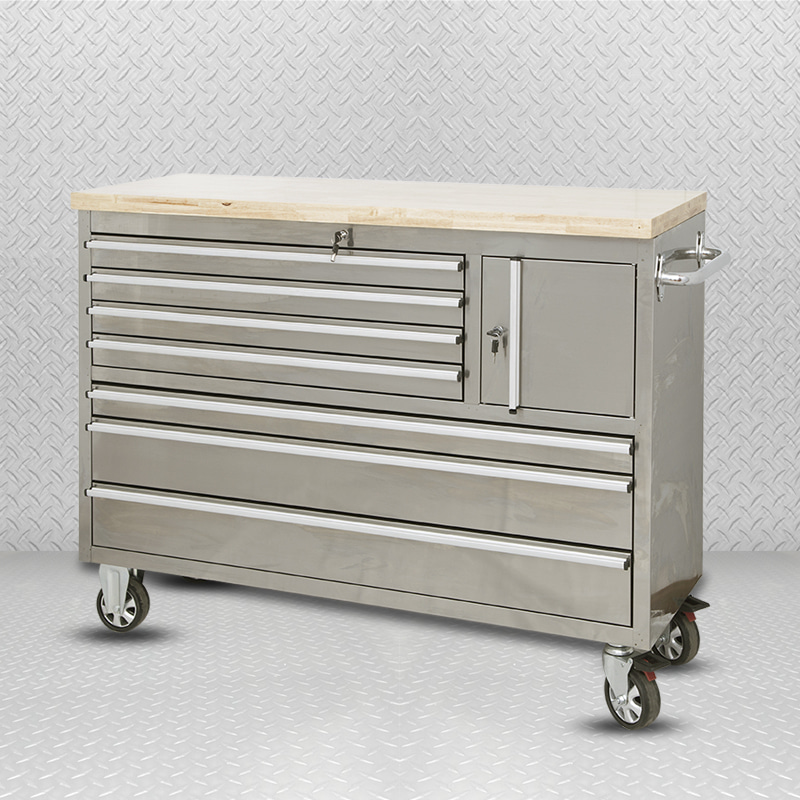 GLS5608 Banco de trabajo de gabinete de herramientas de soldadura de acero inoxidable con 8 cajones y tapa de madera