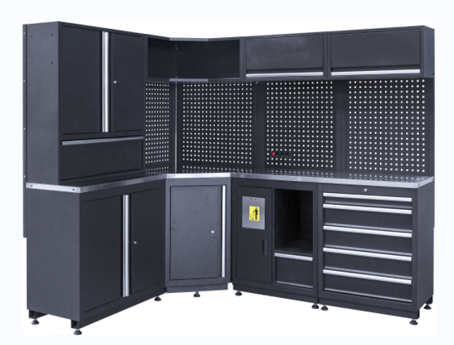 GLG7000C Banco de trabajo modular de acero para almacenamiento en garaje con gabinete de herramientas de esquina y caja de herramientas de metal rojo